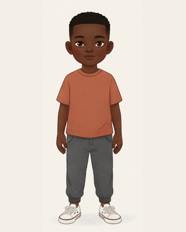 Jaylen, an Inkwren Studio character — deep brown skin, short coily hair with a low fade