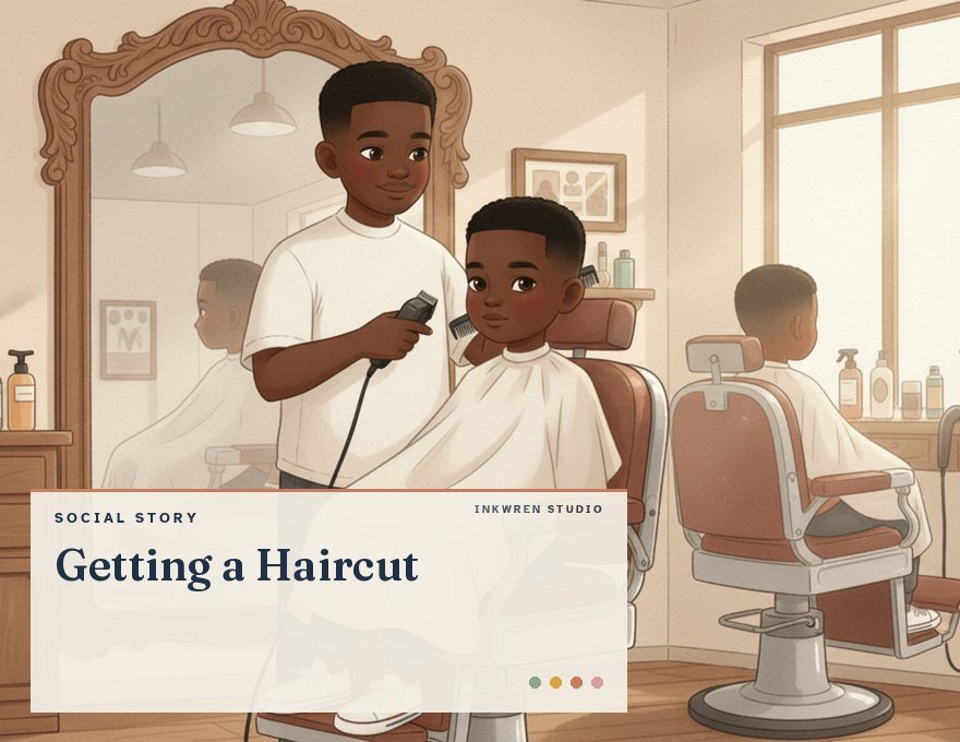Cover of the Inkwren Studio social story “Getting a Haircut”