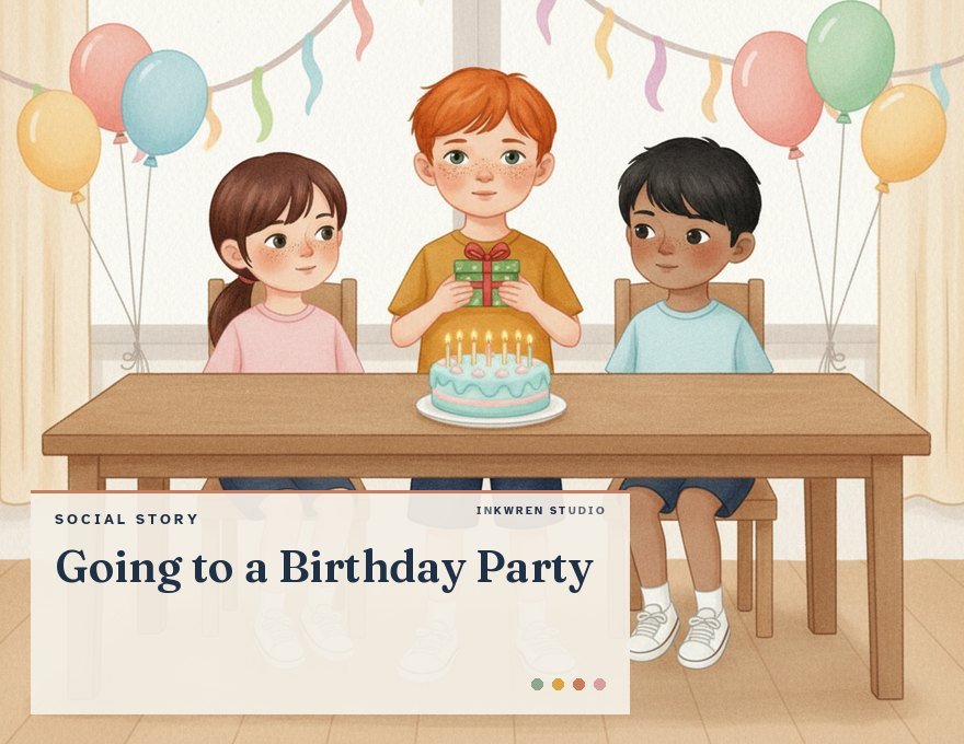 Cover of the Inkwren Studio social story “Going to a Birthday Party”