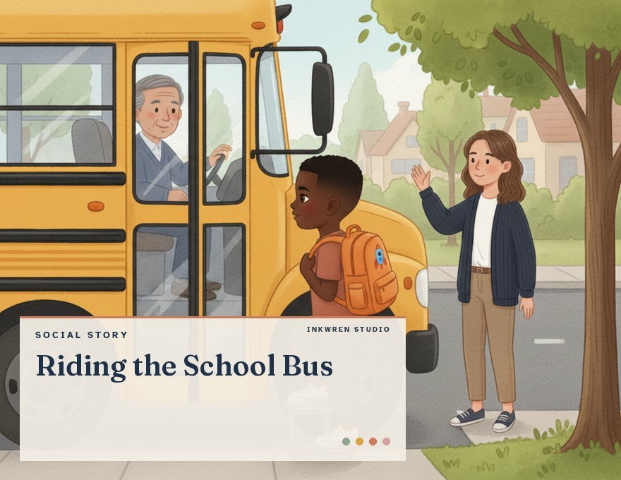 Cover of the Inkwren Studio social story “Riding the School Bus”